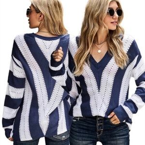 Womens Asymmetric Striped Colorblock V Neck Knitted Sweater